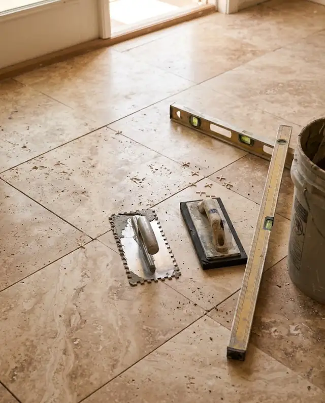 Trowel, grout float, spacers and level on a new tile floor