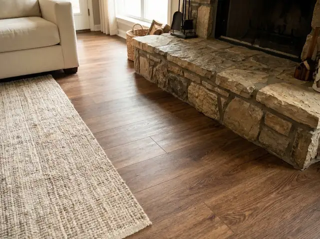 Den with wood-look vinyl plank flooring fitted around a stone fireplace