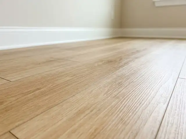Close-up of a smooth wood-look vinyl plank floor in soft light