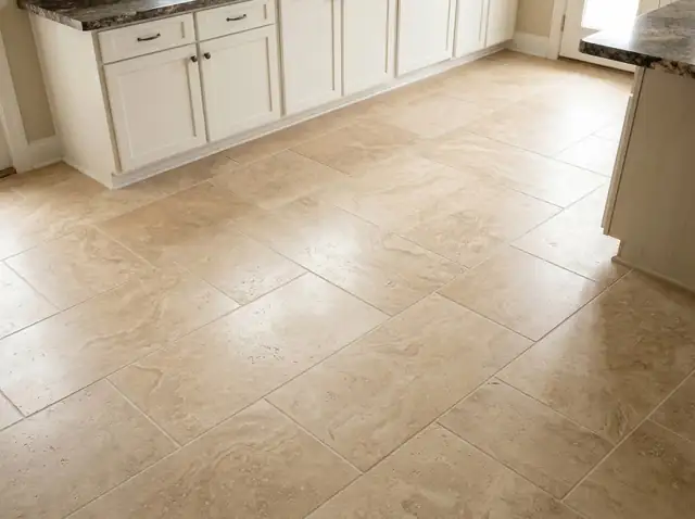 Kitchen floor with large beige travertine-look tiles beside white cabinets
